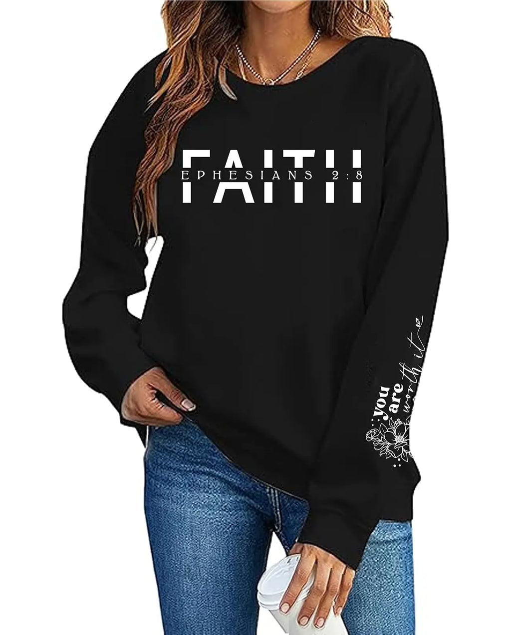 AMWIPE Christian Sweatshirt Women Faith Shirts Christian Religious Pullover Bible Verse Long Sleeve Top Black